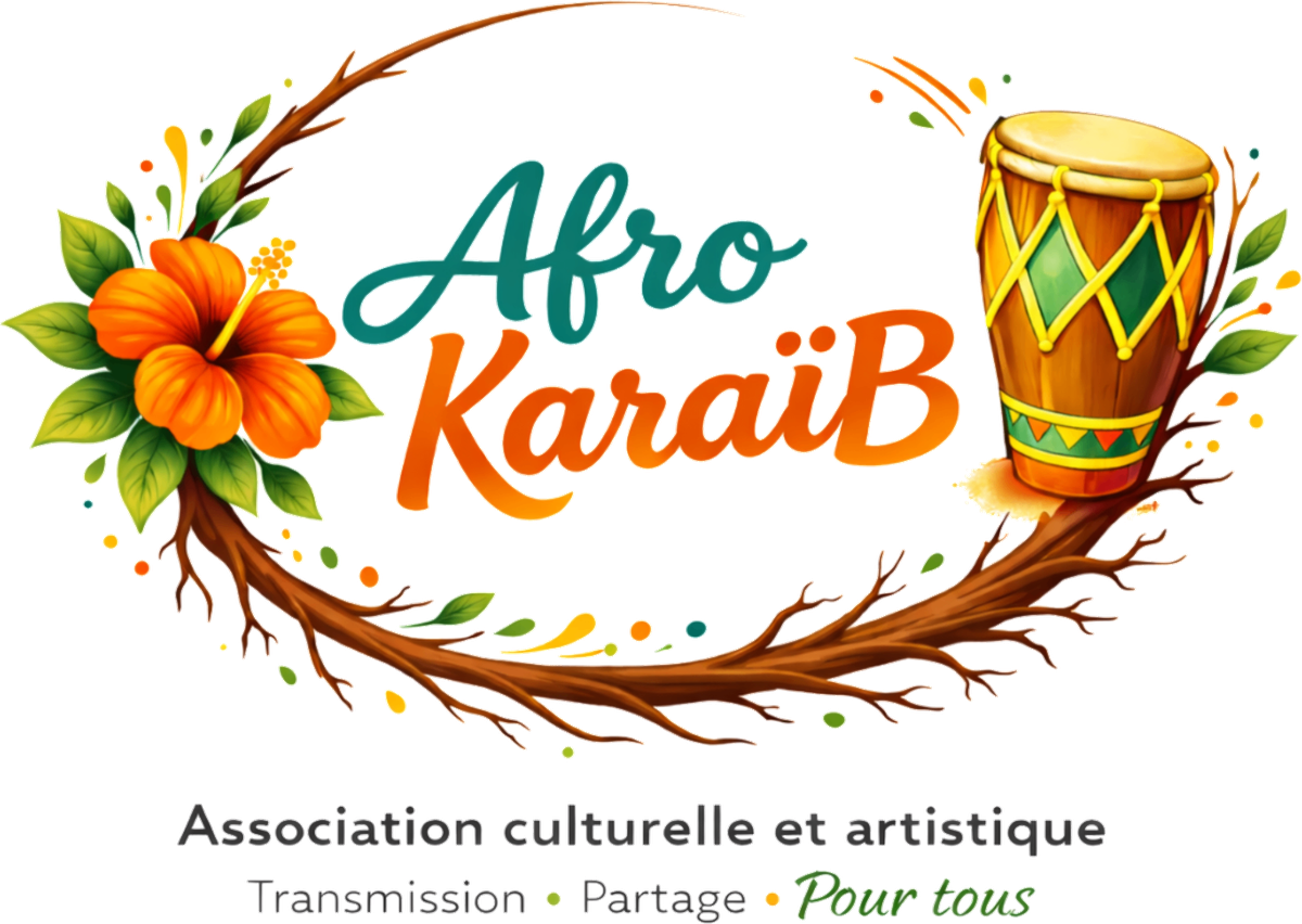 Logo officiel Afro KaraïB : fleur d'hibiscus orange, tambour djembé et branches tropicales